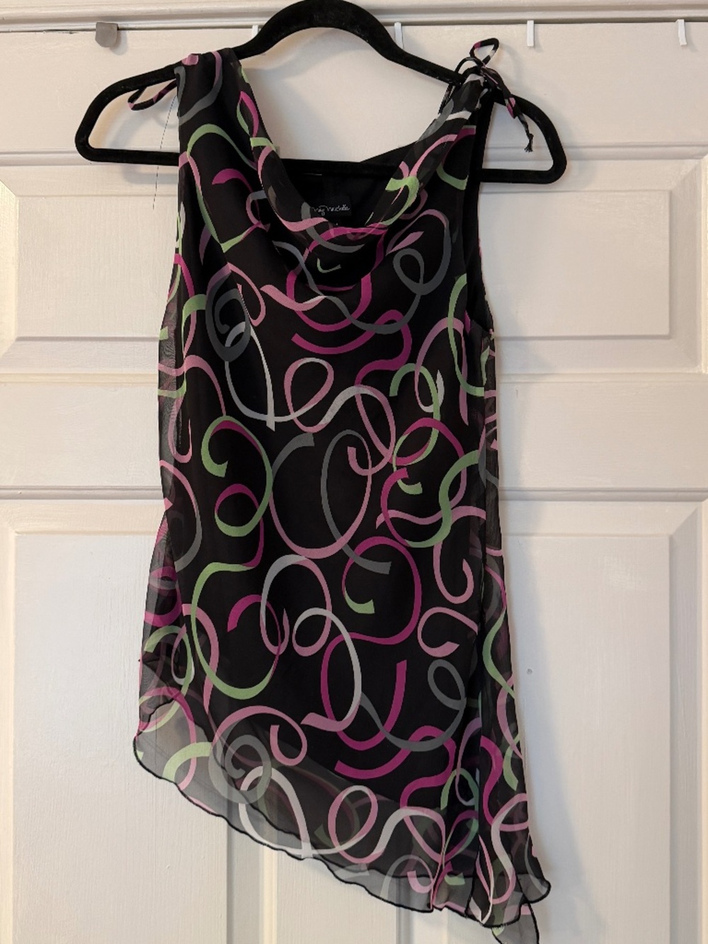 My Michelle Y2K Asymmetrical Hem Cowl Neck Tank Women's Medium Black Pink Green.